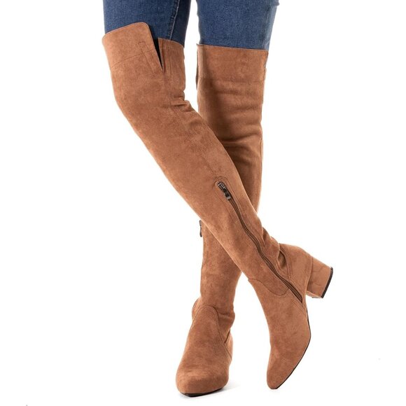 Women Brown\2 Ihch Suede Over the Knee Thigh High Chunky Block Heel Boots - Picture 6 of 6